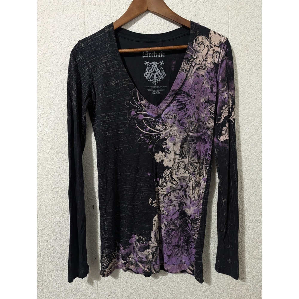 Y2k Affliction Shirt, Women's, V neck, Goth,M, Archaic, Long sleeve